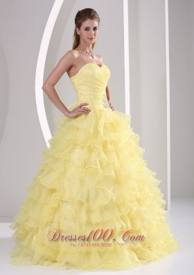 Light Yellow Ruffles Quinceaners Gowns Appliques and Ruch Organza