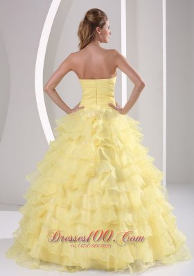 Light Yellow Ruffles Quinceaners Gowns Appliques and Ruch Organza