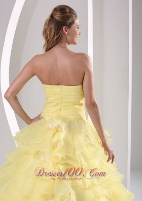 Light Yellow Ruffles Quinceaners Gowns Appliques and Ruch Organza