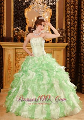 Beading and Ruffles Organza Apple Green Dresses for Quinceanera