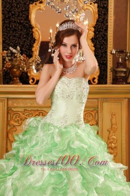 Beading and Ruffles Organza Apple Green Dresses for Quinceanera