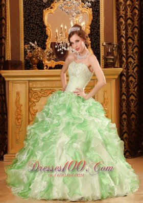 Beading and Ruffles Organza Apple Green Dresses for Quinceanera