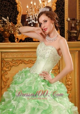 Beading and Ruffles Organza Apple Green Dresses for Quinceanera