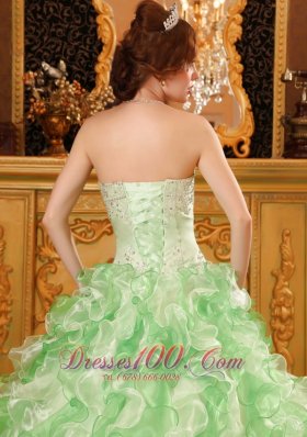 Beading and Ruffles Organza Apple Green Dresses for Quinceanera