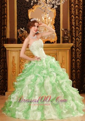 Beading and Ruffles Organza Apple Green Dresses for Quinceanera