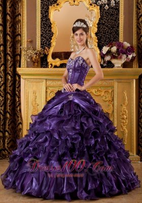 Purple Sweet 16 Dress Sweetheart Ruffles Organza Ball Gown