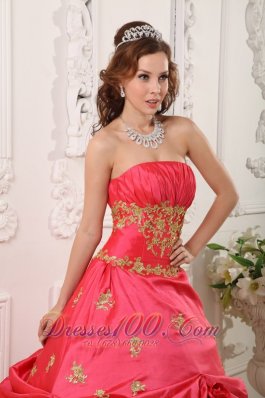 Ball Gown Coral Red Quinceanera Dress Beading and Appliques