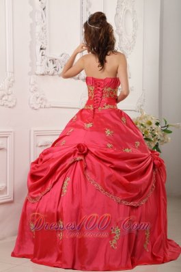 Ball Gown Coral Red Quinceanera Dress Beading and Appliques