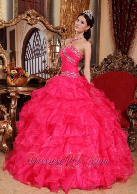 Coral Red Quinceanera Dress Sweetheart Organza Beading Pleats