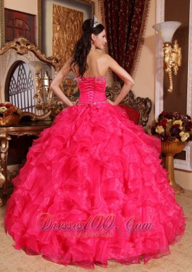 Coral Red Quinceanera Dress Sweetheart Organza Beading Pleats