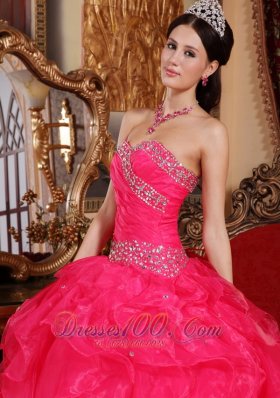 Coral Red Quinceanera Dress Sweetheart Organza Beading Pleats