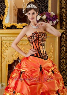 Taffeta Orange Dresses for A Quince Pick-ups and Embroidery