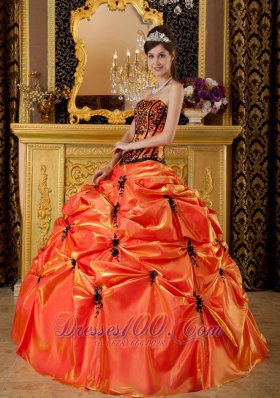 Taffeta Orange Dresses for A Quince Pick-ups and Embroidery