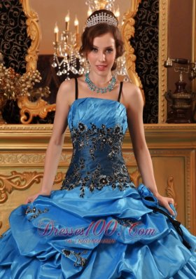 Blue Quinceanera Dress Spaghetti Straps Taffeta Appliques