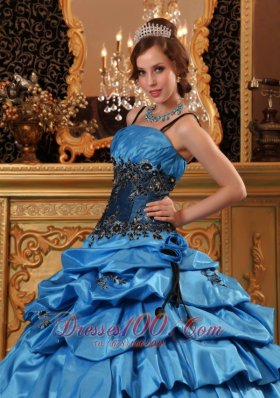 Blue Quinceanera Dress Spaghetti Straps Taffeta Appliques