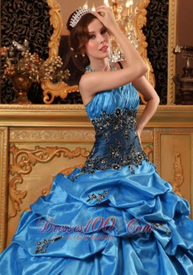 Blue Quinceanera Dress Spaghetti Straps Taffeta Appliques