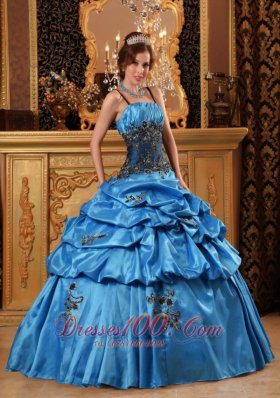 Blue Quinceanera Dress Spaghetti Straps Taffeta Appliques