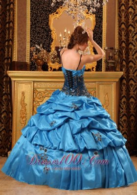 Blue Quinceanera Dress Spaghetti Straps Taffeta Appliques