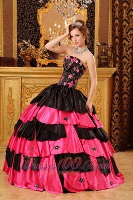 Black and Hot Pink Taffeta Beading Dress for Quinceaneras