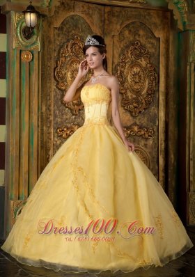 Yellow Appliqued Strapless Floor-length Organza Quinceanera Dress