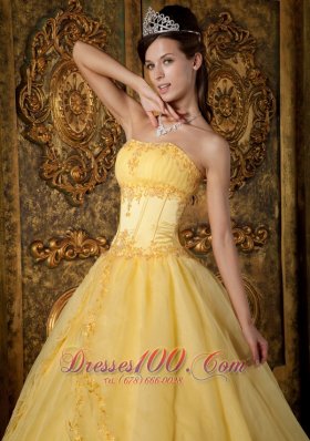 Yellow Appliqued Strapless Floor-length Organza Quinceanera Dress