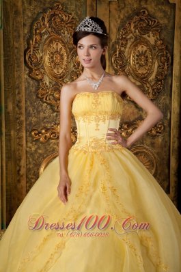 Yellow Appliqued Strapless Floor-length Organza Quinceanera Dress