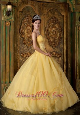 Yellow Appliqued Strapless Floor-length Organza Quinceanera Dress