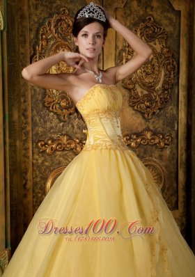 Yellow Appliqued Strapless Floor-length Organza Quinceanera Dress