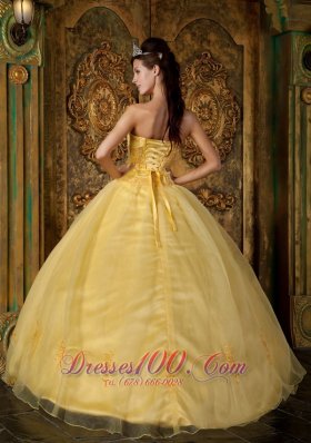 Yellow Appliqued Strapless Floor-length Organza Quinceanera Dress