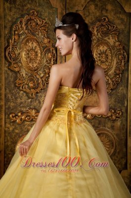 Yellow Appliqued Strapless Floor-length Organza Quinceanera Dress