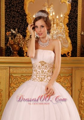 Satin and Organza White Appliques Dresses for Quinceaneras