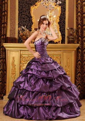 Dark Purple Taffeta Dress for Quinceanera Appliques Ball Gown