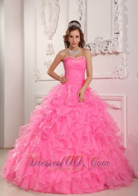 Rose Pink Quinceanera Dresses Gowns Organza Beading Flower