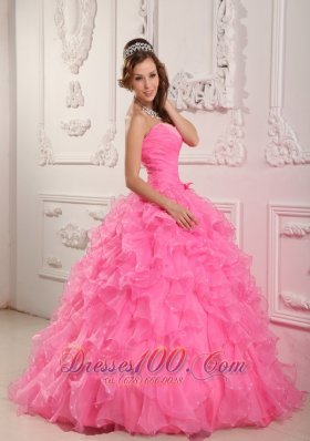 Rose Pink Quinceanera Dresses Gowns Organza Beading Flower