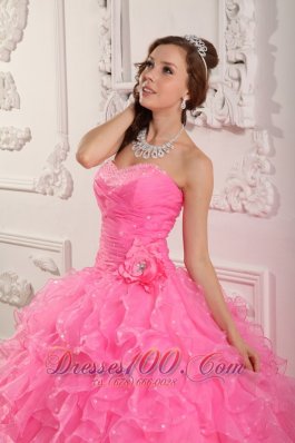 Rose Pink Quinceanera Dresses Gowns Organza Beading Flower