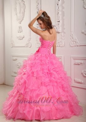 Rose Pink Quinceanera Dresses Gowns Organza Beading Flower