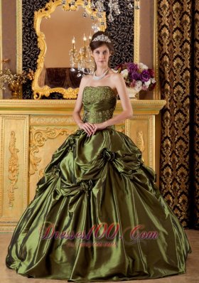 Olive Green Taffeta Appliques Handmade Flowers Quinceanera Dress