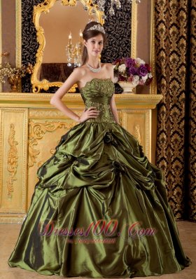 Olive Green Taffeta Appliques Handmade Flowers Quinceanera Dress