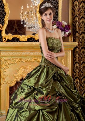 Olive Green Taffeta Appliques Handmade Flowers Quinceanera Dress