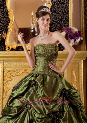 Olive Green Taffeta Appliques Handmade Flowers Quinceanera Dress