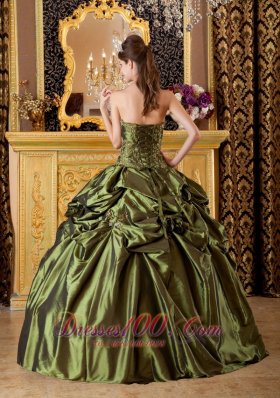 Olive Green Taffeta Appliques Handmade Flowers Quinceanera Dress