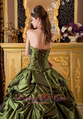 Olive Green Taffeta Appliques Handmade Flowers Quinceanera Dress