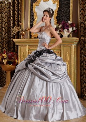 Appliques and Handmade Flowers Gray Taffeta Quinceanera Dress