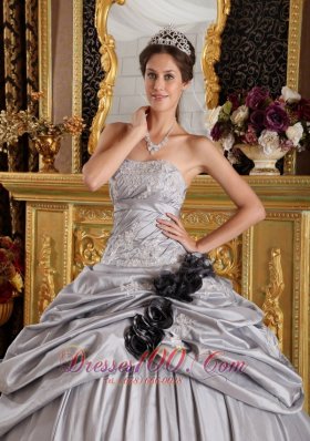 Appliques and Handmade Flowers Gray Taffeta Quinceanera Dress