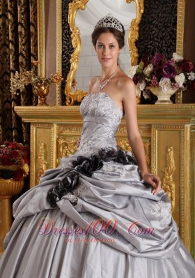 Appliques and Handmade Flowers Gray Taffeta Quinceanera Dress