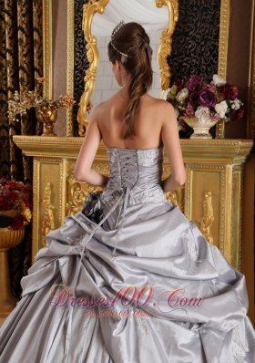 Appliques and Handmade Flowers Gray Taffeta Quinceanera Dress