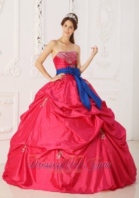 Beading and Sash Coral Red Quinceanera Gowns Dresses Taffeta