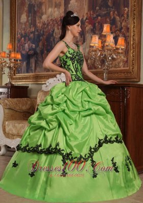 Light Green Taffeta Quince Dresses Spaghetti Straps Appliques