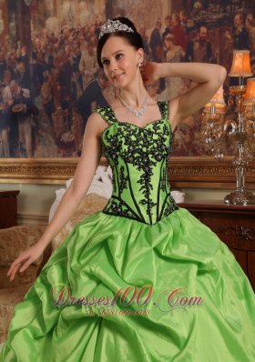 Light Green Taffeta Quince Dresses Spaghetti Straps Appliques