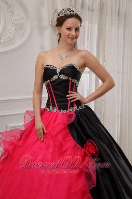 Red and Black Sweetheart Satin and Organza Quinceanera Dress